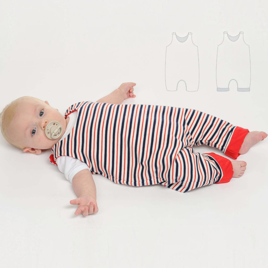 Baby Strampler PDF Schnittmuster LEO – Druckknopfleiste & Beinumschlag 56/62–92/98 in rot und blau gestreift