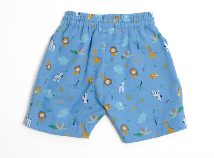 Schnittmuster Hose für Baby und Kinder NOAH in blau mit tierischen Motiven für Jungen, Größen 68-122.