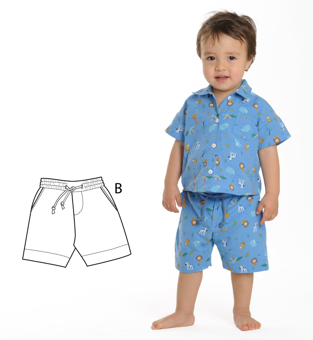 Schnittmuster Hose für Baby und Kinder NOAH - lässiger Junge in blauer Sommerkleidung mit Tiermotiven.