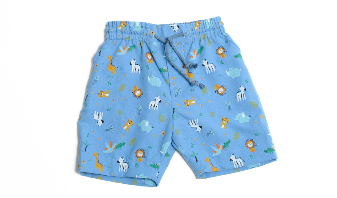 Schnittmuster Hose für Baby und Kinder NOAH in blau mit Tiermotiven, geeignet für Jungen von Größen 68-122.