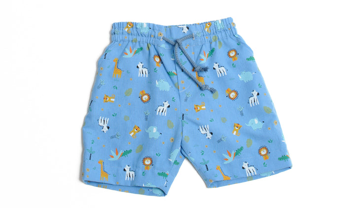 Schnittmuster Hose für Baby und Kinder NOAH in blau mit Tiermotiven, geeignet für Jungen von Größen 68-122.