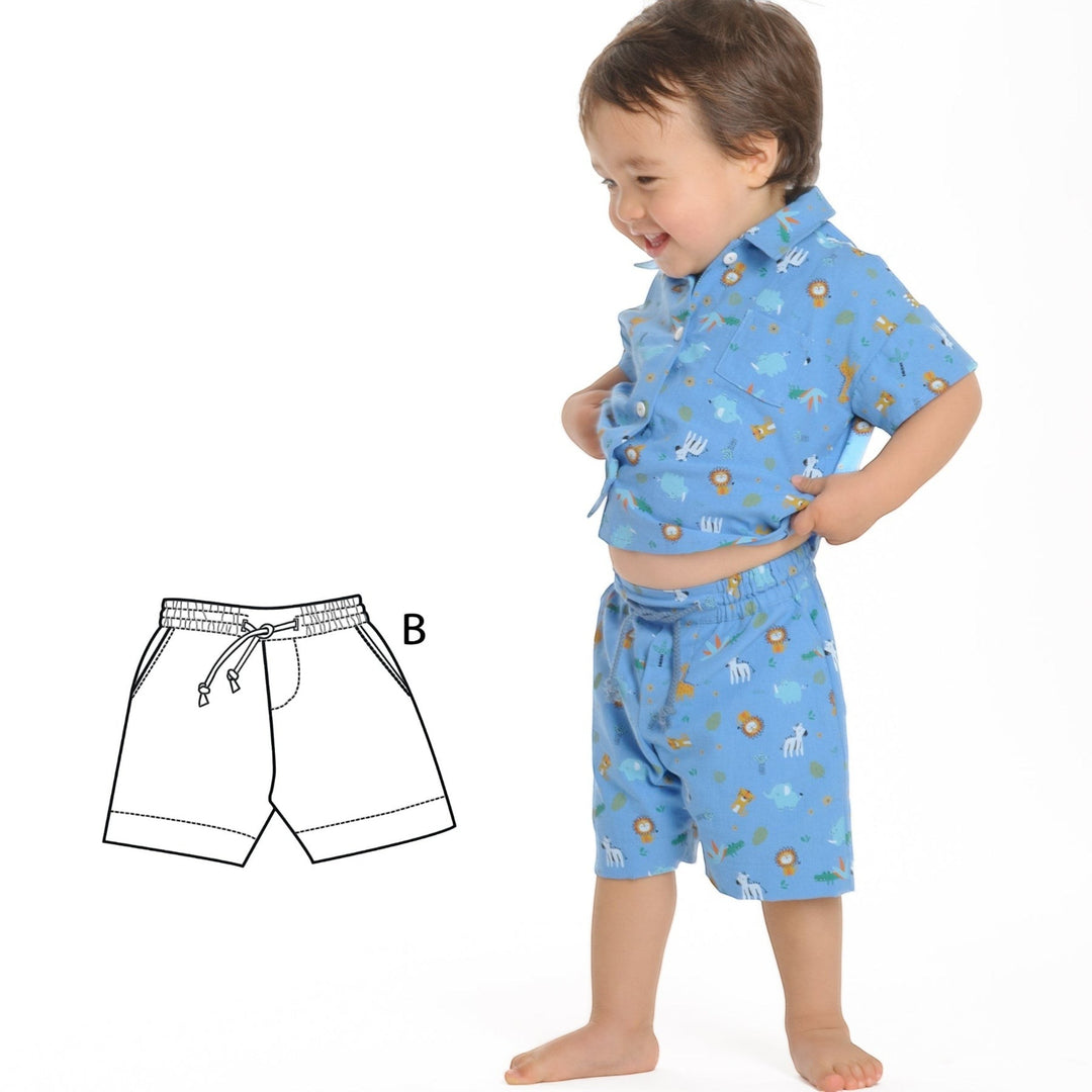 Schnittmuster Hose für Baby und Kinder NOAH lang u. kurz - Junge in buntem Outfit mit Shorts