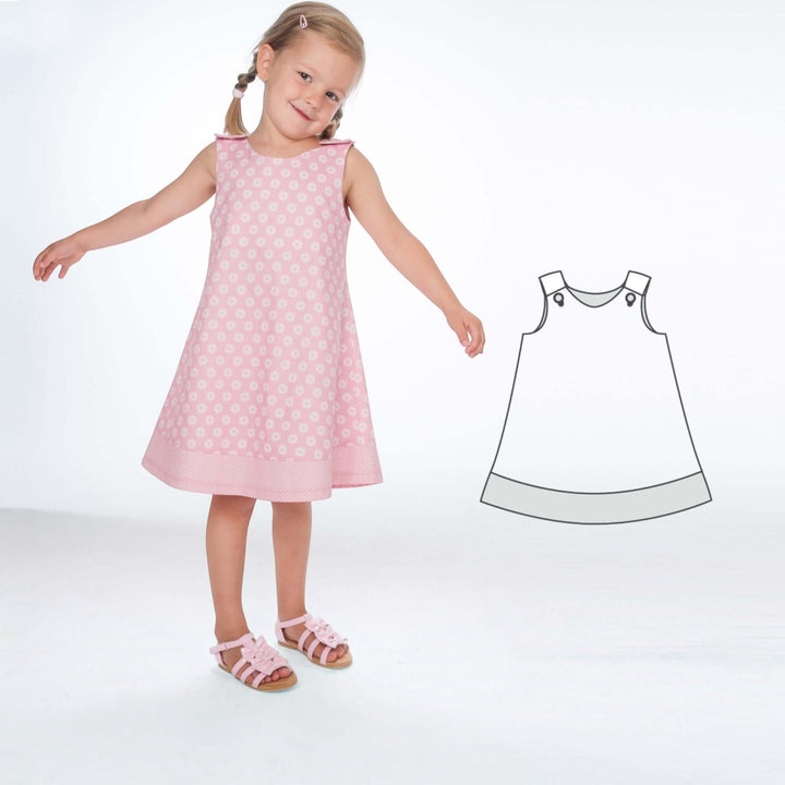 Tunika Kleid pdf Schnittmuster JULE ANTONIA STEFFI – 3-in-1 74/80–146/152, pinkes Trägerkleid für Mädchen mit Blümchenmuster.
