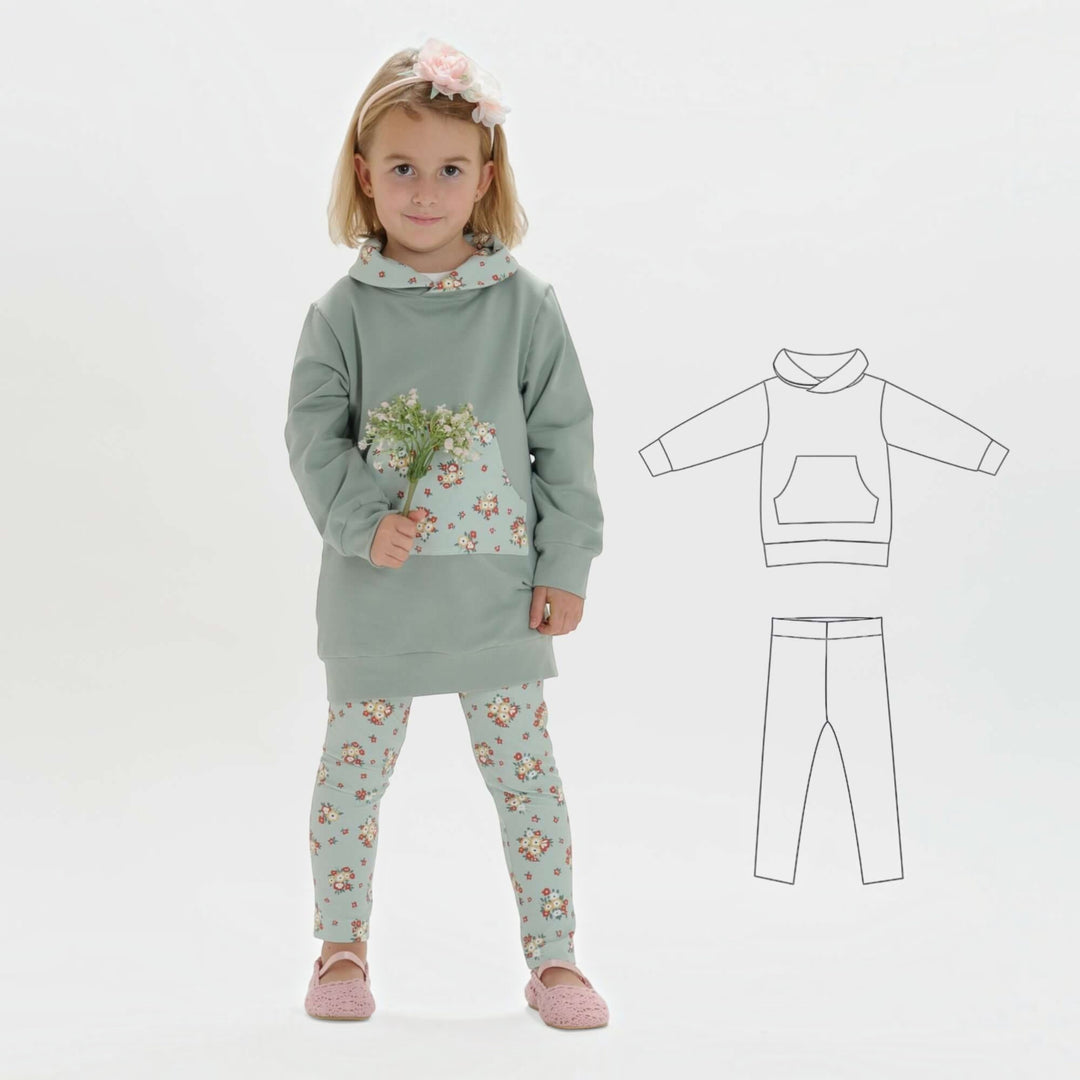 Kinder Hoodie PDF Schnittmuster ARWEN – Tunika mit Kapuze & Kragen 80/86–140/146, Mädchen im Hoodie mit Blumenmuster.
