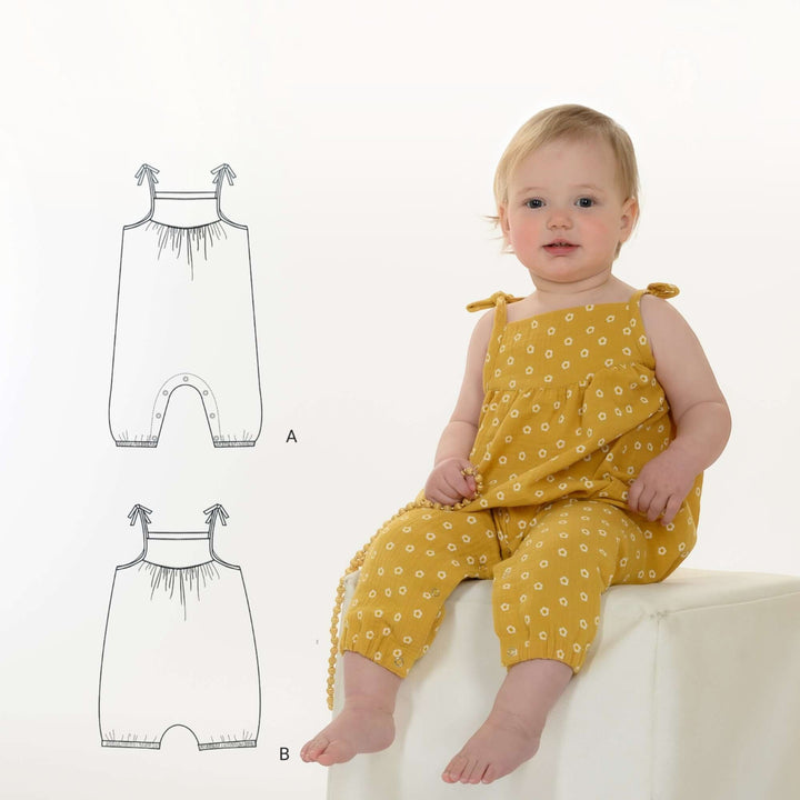 Schnittmuster Baby Mädchen Jumpsuit NELE PDF mit zwei Designs, A und B, für einen bequemen Overall.