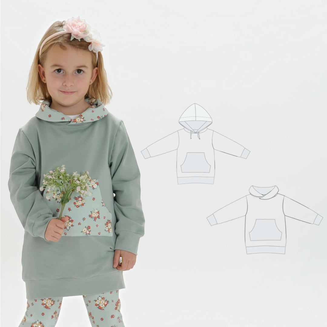 Kinder Hoodie PDF Schnittmuster ARWEN – Tunika mit Kapuze & Kragen 80/86–140/146, Mädchen mit Hoodie und Kängurutasche.