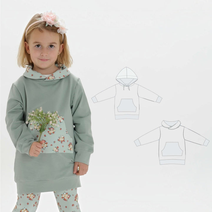 Kinder Hoodie PDF Schnittmuster ARWEN – Tunika mit Kapuze & Kragen 80/86–140/146, Mädchen mit Hoodie und Kängurutasche.