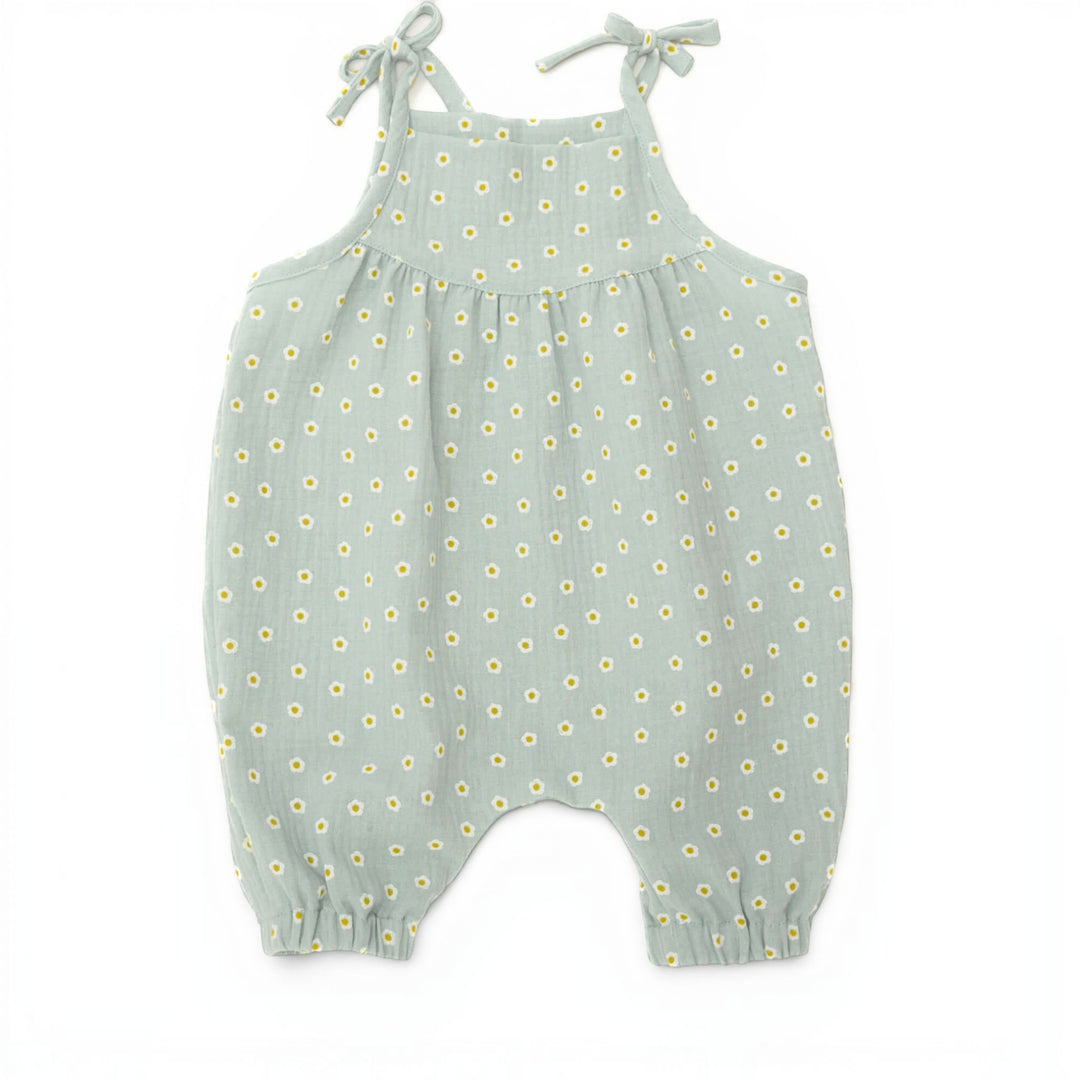 Schnittmuster Baby Mädchen Jumpsuit NELE PDF - bequemer Overall mit schmalen Trägern und Schleifen in hellgrün.
