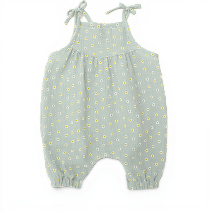 Schnittmuster Baby Mädchen Jumpsuit NELE PDF - bequemer Overall mit schmalen Trägern und Schleifen in hellgrün.