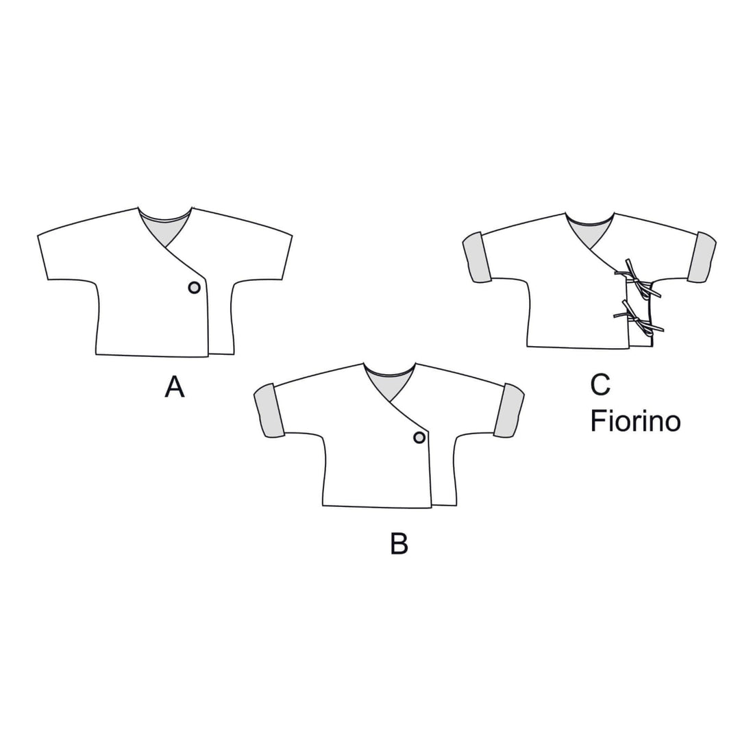 Babyjacke PDF Schnittmuster FIORINO – 3-in-1 Wickeljacke 50/56–86/92 Schnittmusterillustrationen A, B und C.