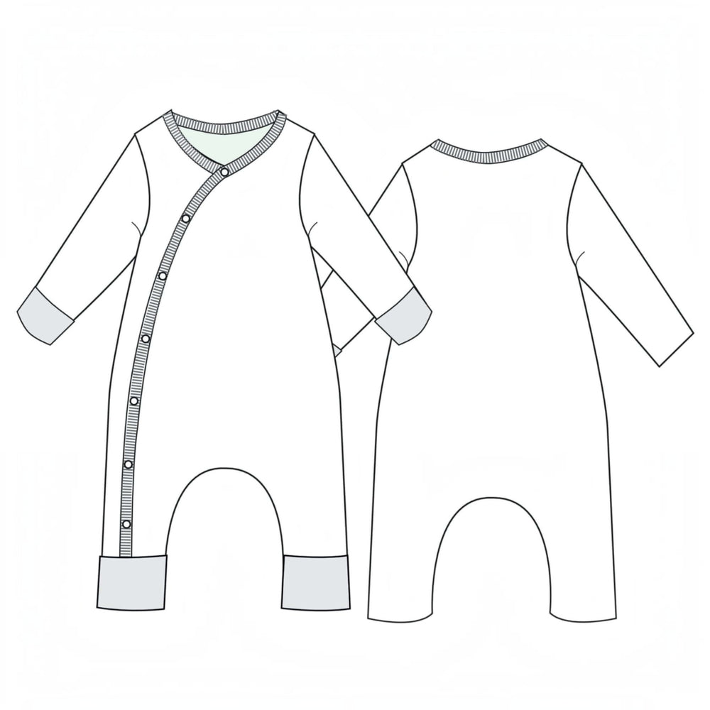 Baby Strampler PDF Schnittmuster DAVID – Schlafanzug mit Umschlagbündchen 50/56–98/104 Schnittmuster Skizze