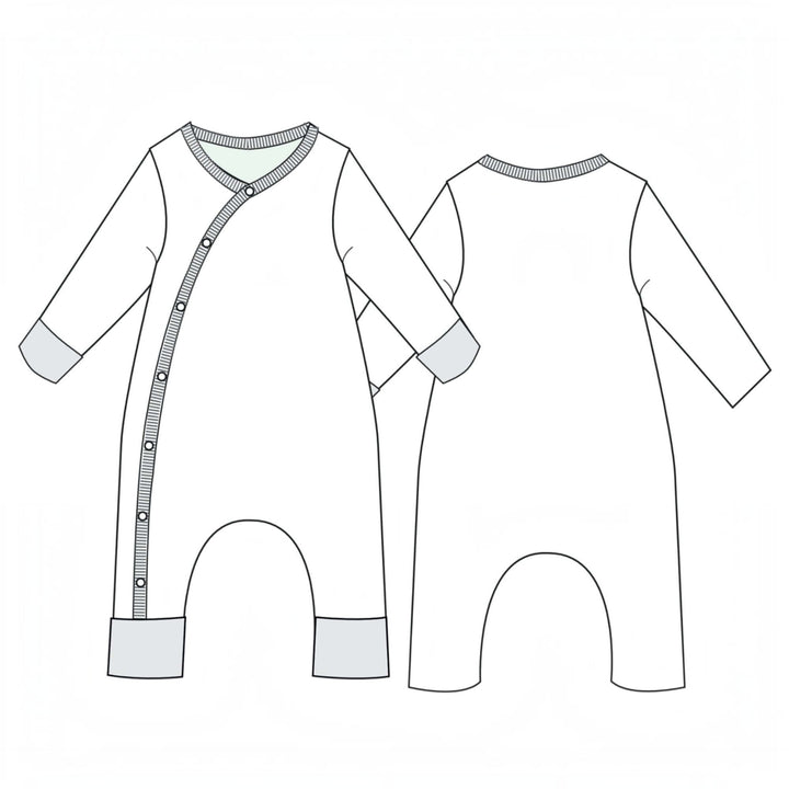 Baby Strampler PDF Schnittmuster DAVID – Schlafanzug mit Umschlagbündchen 50/56–98/104 Schnittmuster Skizze