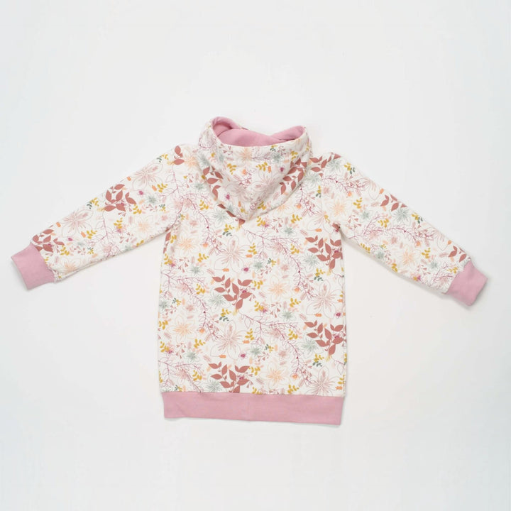 Kinder Hoodie PDF Schnittmuster ARWEN – Tunika mit Kapuze & Kragen 80/86–140/146 in floralem Muster, Rückansicht.