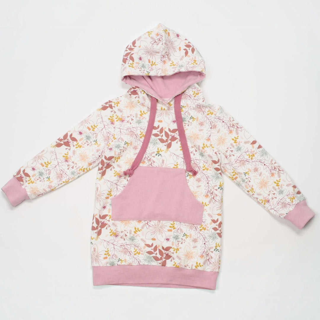 Kinder Hoodie PDF Schnittmuster ARWEN – Tunika mit Kapuze & Kragen 80/86–140/146 in blühendem Design.