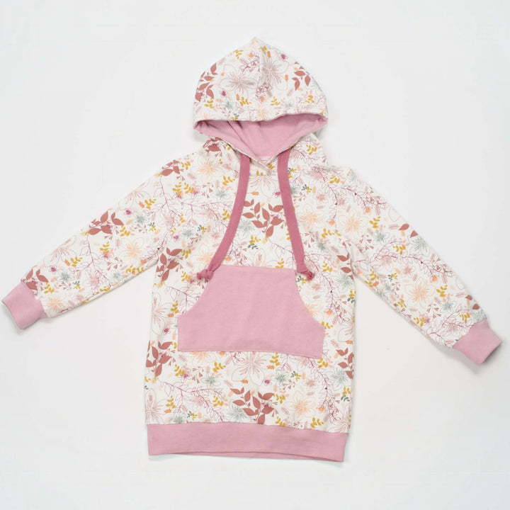 Kinder Hoodie PDF Schnittmuster ARWEN – Tunika mit Kapuze & Kragen 80/86–140/146 in blühendem Design.