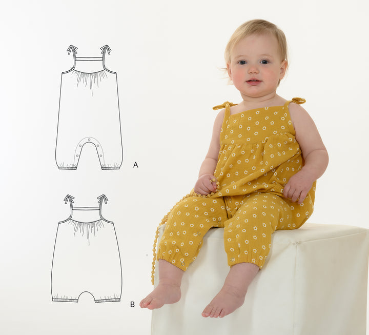 Schnittmuster Baby Overall NELE – Kleinkind Sommer-Overall, gelber Overall mit Trägern für Babys.