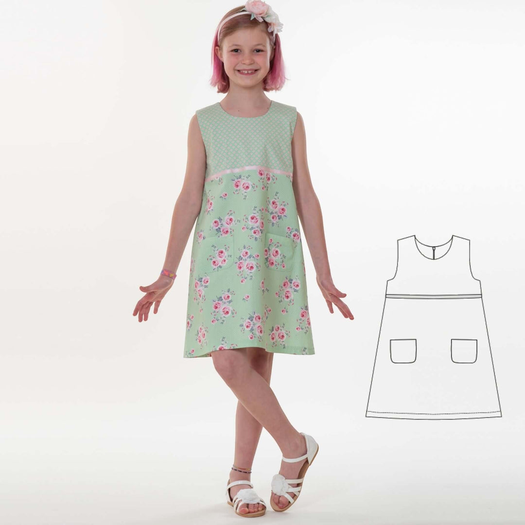 Mädchenkleid PDF Schnittmuster GEMMA – A-Linie mit Reißverschluss 92/98–152/158, ärmelloses, floral-kids dress with pockets.