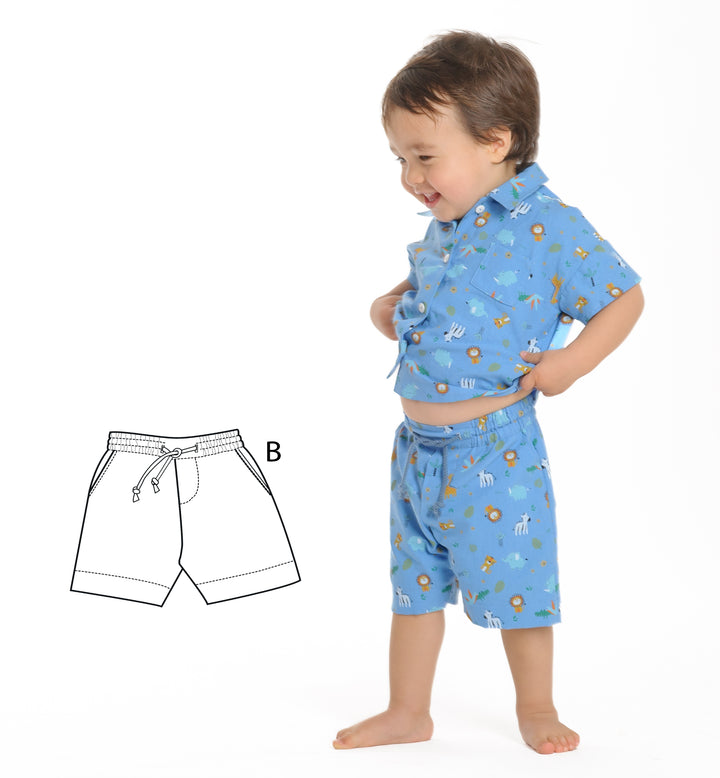 Schnittmuster Hose für Baby und Kinder NOAH - Abgebildetes Kind trägt bunte Shorts und Hemd, Schnittmuster B.