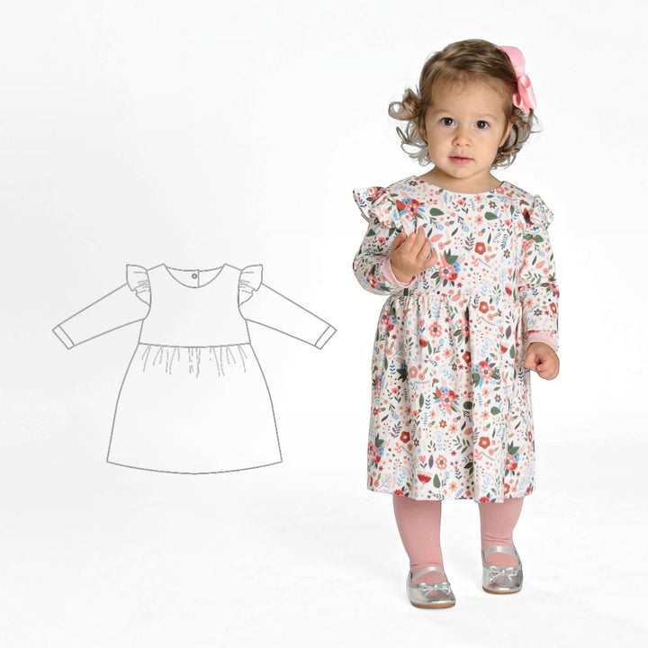 Babykleid PDF Schnittmuster ELLA – Retro Kleid mit 2 Varianten 50/56–98/104, Mädchen in floralem Kleid.