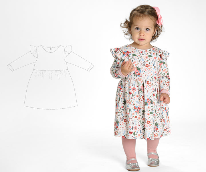 Schnittmuster Retro Kleid für Mädchen ELLA mit langen Ärmeln, fröhliches Design für kleine Mädchen.