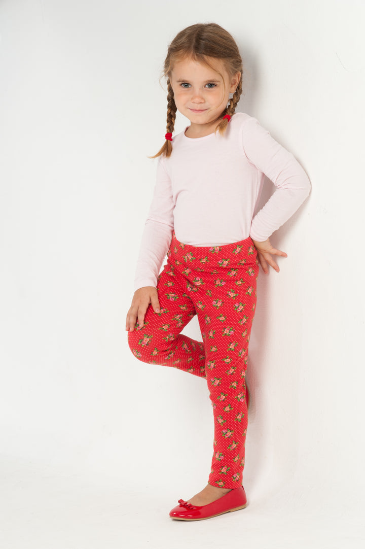 Schnittmuster Baby Kinder Leggings in rot mit Blumenmuster, geschnitten für Kinder im Alter von 80-146.