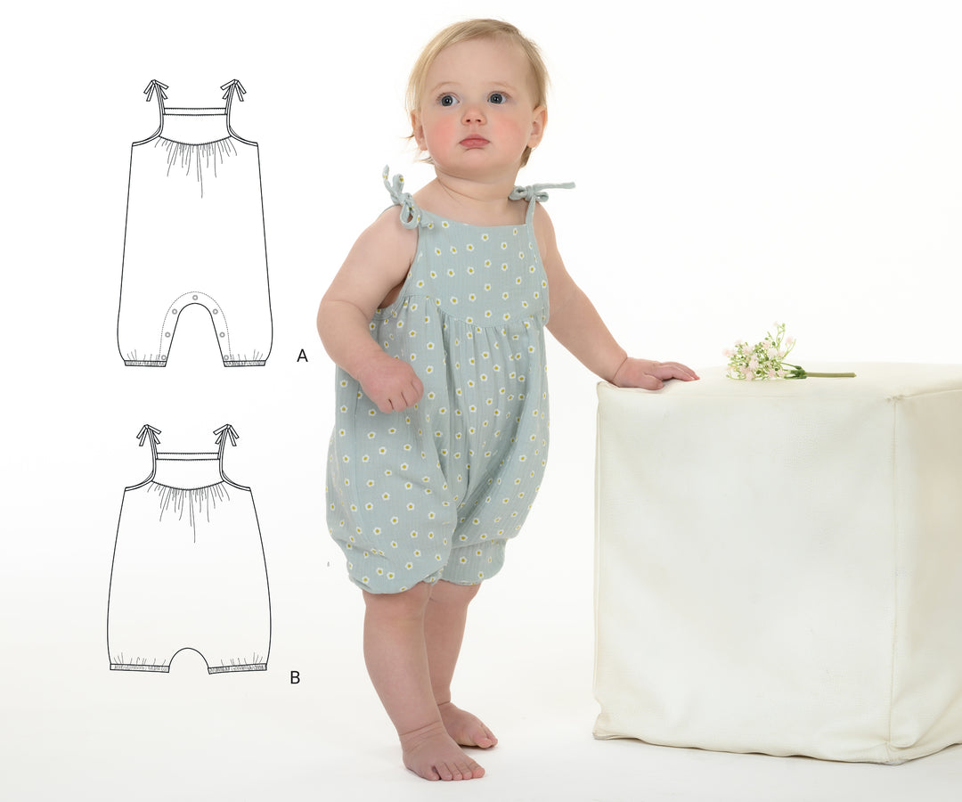 Schnittmuster Baby Mädchen Jumpsuit NELE – Kleinkind Sommer-Overall, zeigt zwei Varianten für Mini-Overall.