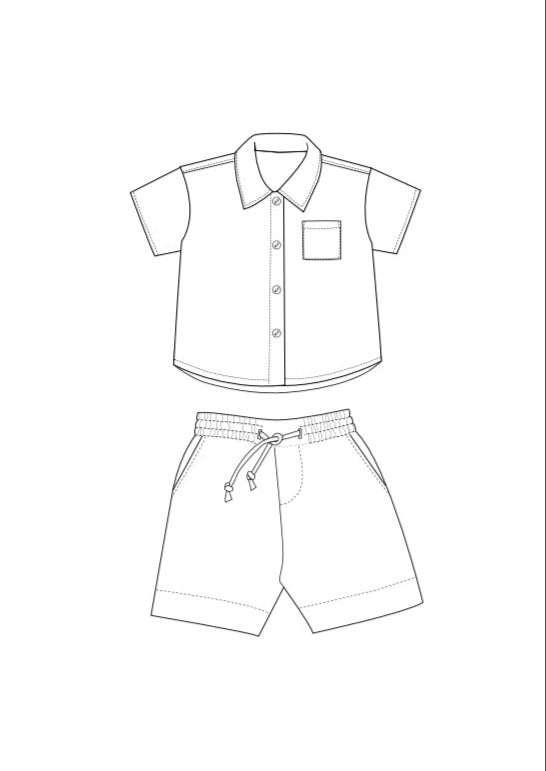 Schnittmuster Baby Hemd & Hose TOM + NOAH PDF Jungen Outfit für Gr. 68–122, skizzierte Mode für Jungen.