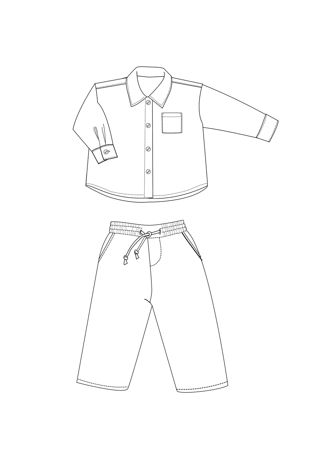 Schnittmuster Baby Hemd & Hose TOM + NOAH PDF Jungen Outfit Gr. 68–122 mit Hemd und Hose in Skizze.