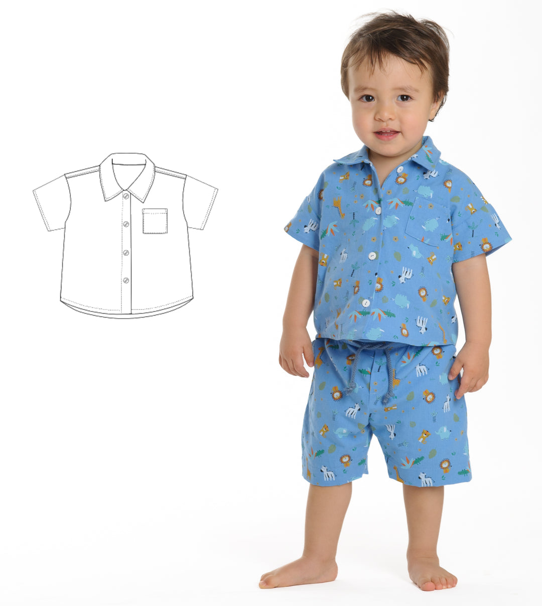 Schnittmuster Hemd für Baby und Kinder TOM Jungen Langarm und Kurzarm, Junge in blauer Kurzarmbluse und Shorts