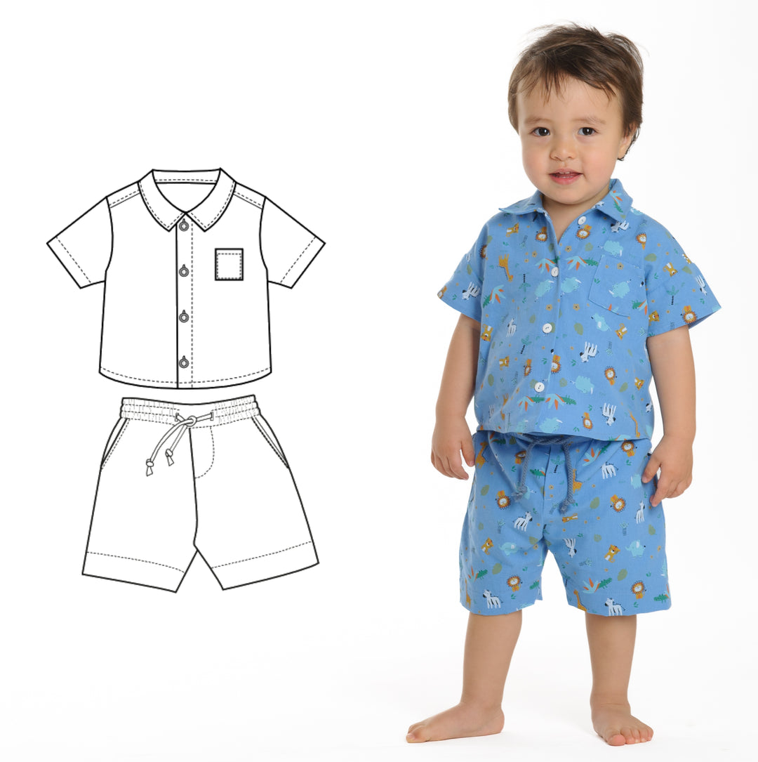 Schnittmuster Baby Hemd & Hose TOM + NOAH PDF Jungen Outfit Gr. 68–122, Junge trägt blauen Outfit