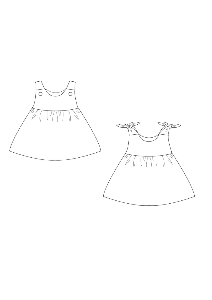 Schnittmuster Baby Twinset Babykleid Hängerchen und Pumphose - zweifaches Design des Babykleids mit Schleifen.