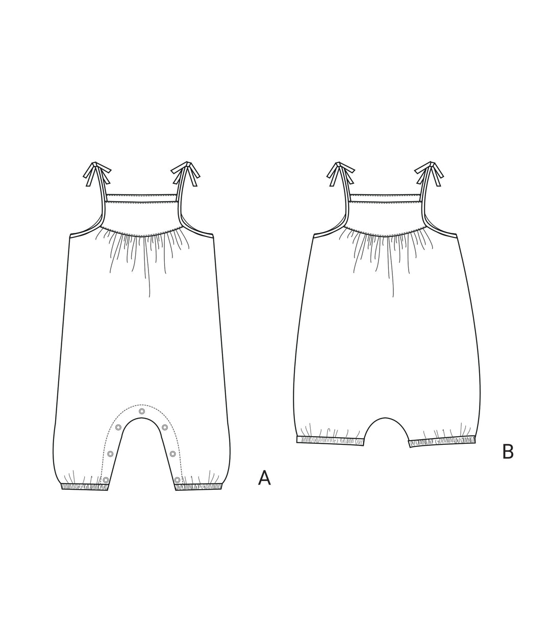 Schnittmuster Baby Overall NELE – zwei Varianten: Langoverall mit Druckknöpfen und Kurzoverall für Kleinkinder.