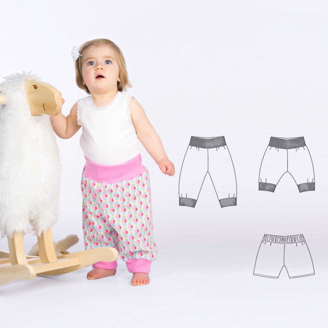 Digitales Baby Schnittmuster Download Haremhose Nähanleitung Mehrere Größenoptionen Neugeborene bis Kleinkind Design Einfache DIY Anleitung Elastischer Bund Detail Bündchen Knöchelstil Perfekte Handgemachte Geschenkidee Komplette Fotoanleitung Paket Handarbeitsprojekt