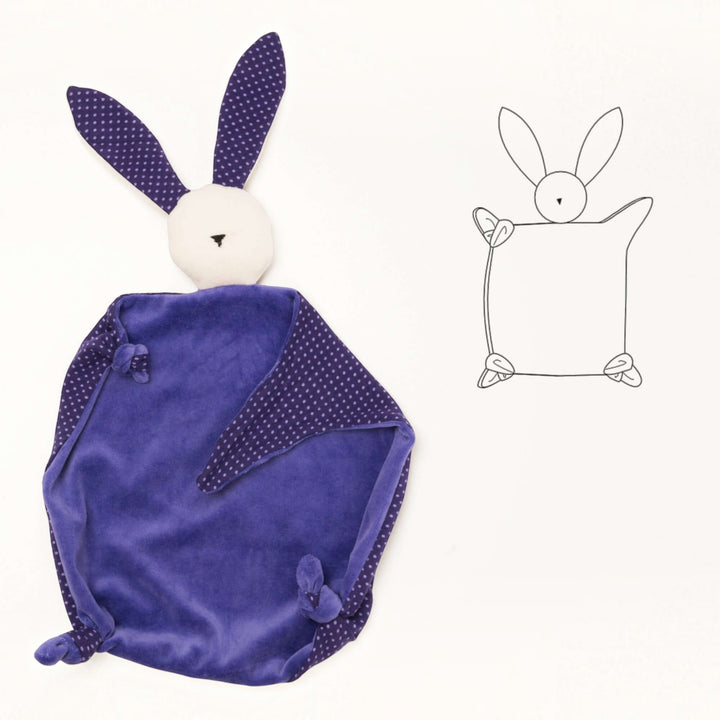 Kuscheltier PDF Schnittmuster TONDINO – Baby Schmusetuch 3-in-1, niedliches Kaninchen Schmusetuch in lila mit Ohren.