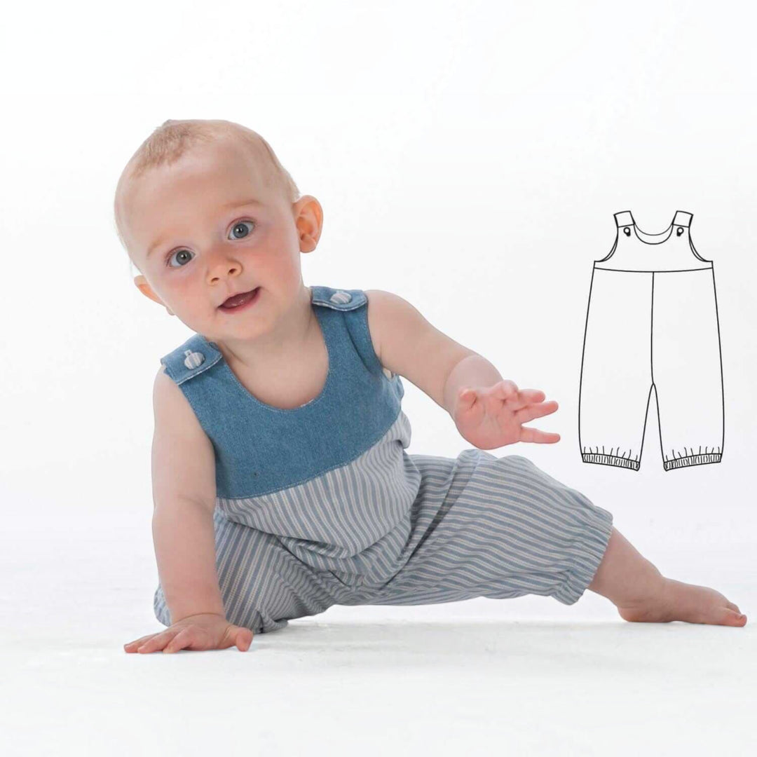 Baby Latzhosen Schnittmuster Digitaler Download Nähprojekt Bundle Drei Stilvarianten Wendeoverall Design Knopfträger Option Elastischer Saum Detail Sommer Babykleidung Größenbereich Neugeboren bis fünf Jahre Anfängerfreundliche Anleitung mit Foto