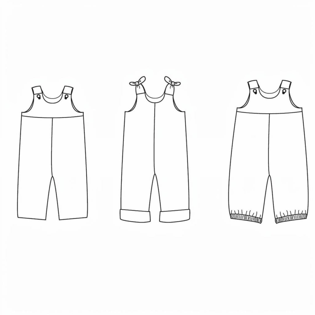 Baby Latzhosen Schnittmuster Digitaler Download Nähprojekt Bundle Drei Stilvarianten Wendeoverall Design Knopfträger Option Elastischer Saum Detail Sommer Babykleidung Größenbereich Neugeboren bis fünf Jahre Anfängerfreundliche Anleitung mit Foto