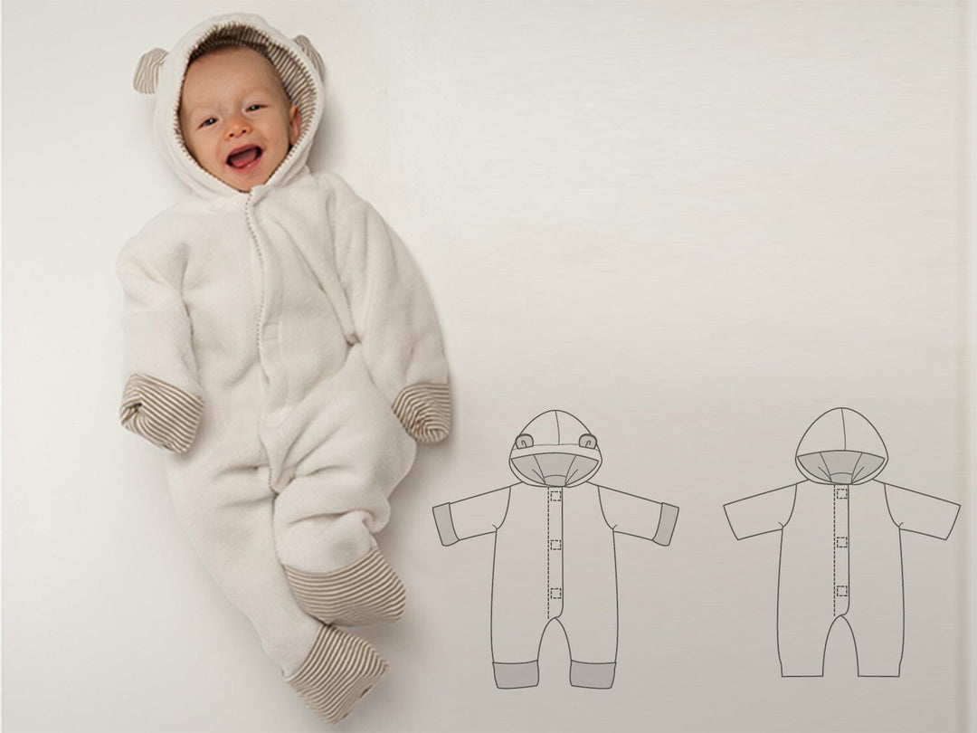 Baby Nähmuster Digitaler Download Hooded Strampler Design Säuglingskleidung Nähprojekt PDF Format Komplette Anleitung Zwei Stilvarianten Neugeborenen bis Kleinkind Größen Moderne Baby Kleidung Design Einfacher Nähplan Professionelles Schnittmuster Layout