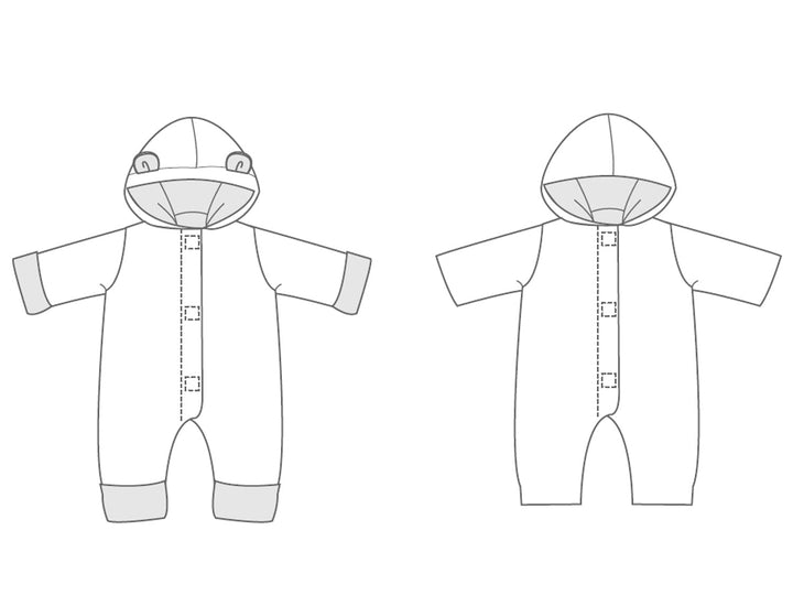 Baby Nähmuster Digitaler Download Hooded Strampler Design Säuglingskleidung Nähprojekt PDF Format Komplette Anleitung Zwei Stilvarianten Neugeborenen bis Kleinkind Größen Moderne Baby Kleidung Design Einfacher Nähplan Professionelles Schnittmuster Layout