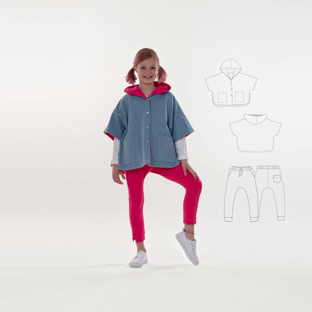 Schnittmuster Set PAULA DADO Poncho Kapuze und Hose, digitales PDF-Schnittmuster für Kinder-Outfit.