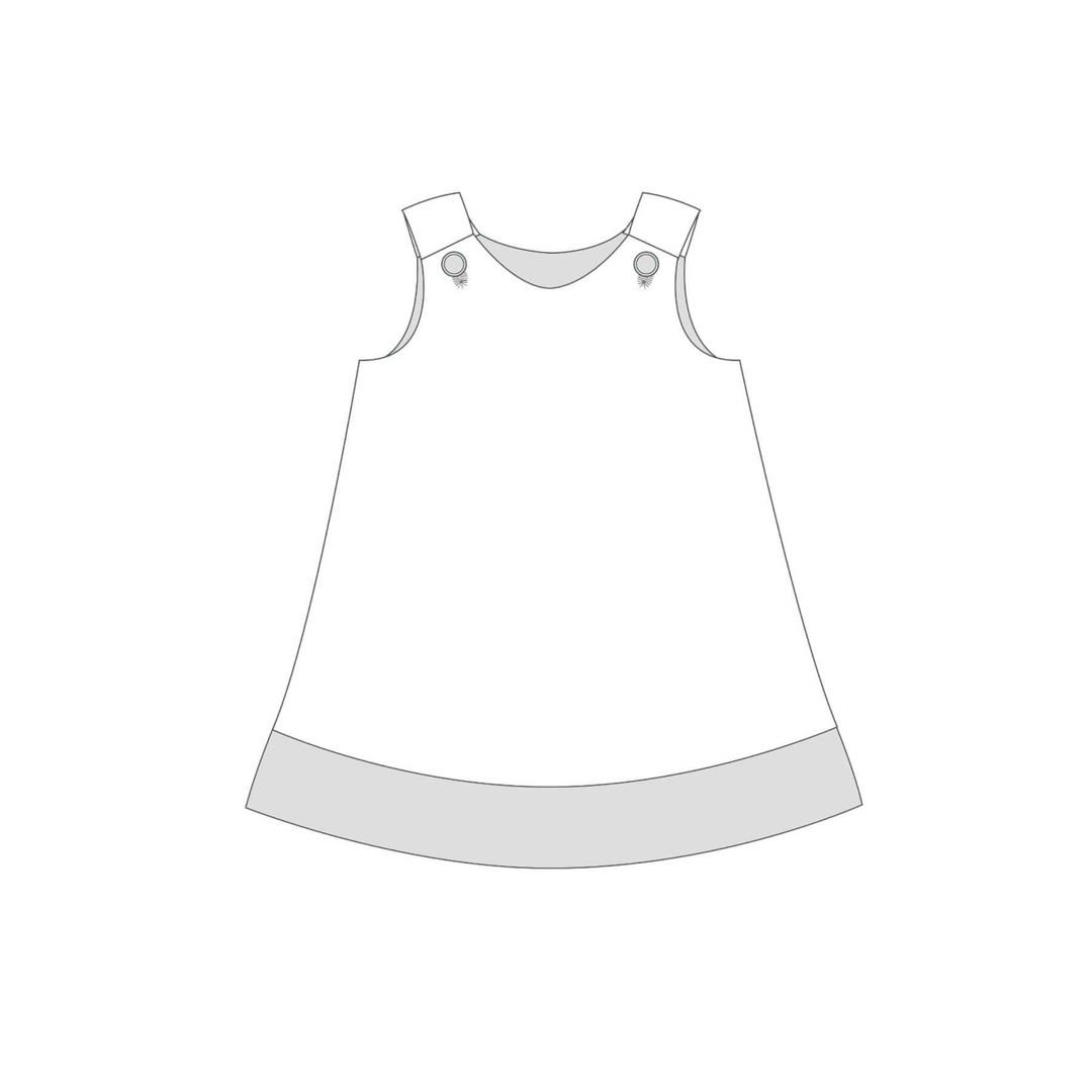Patternforkids Schnittmuster für ein A-Linien Kleid mit Kontrastblende und Knöpfen als technische Skizze