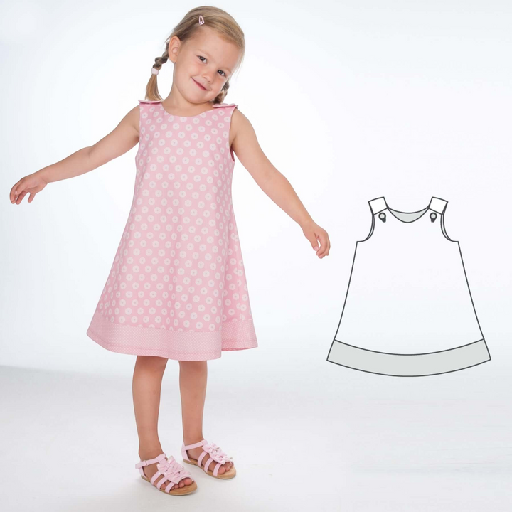 Patternforkids Schnittmuster A-Linien Kleid Siena für Mädchen mit Blumenmuster und technischer Zeichnung