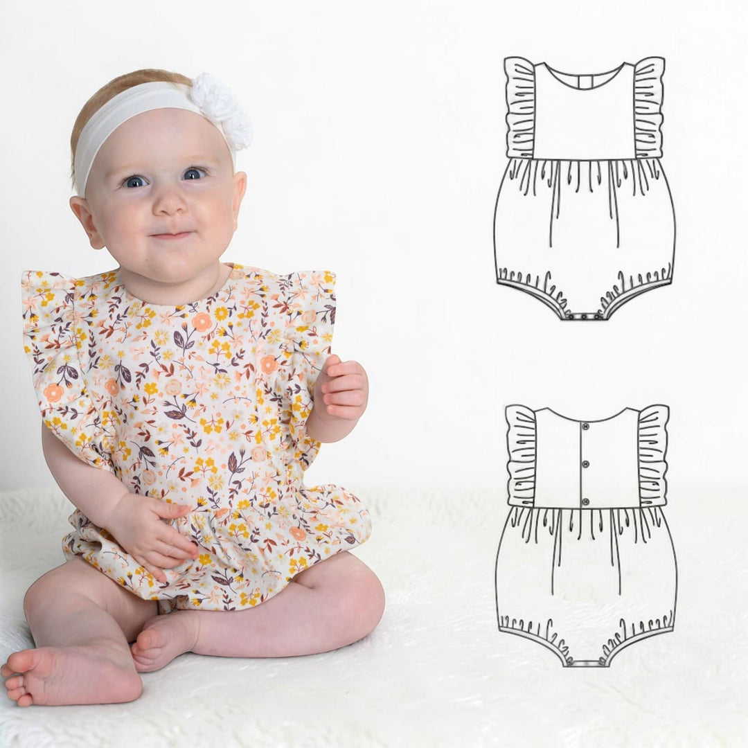 Patternforkids Baby Mädchen Bloomer CHIARA mit Blumenmuster und Rüschenärmeln, getragen von einem Baby