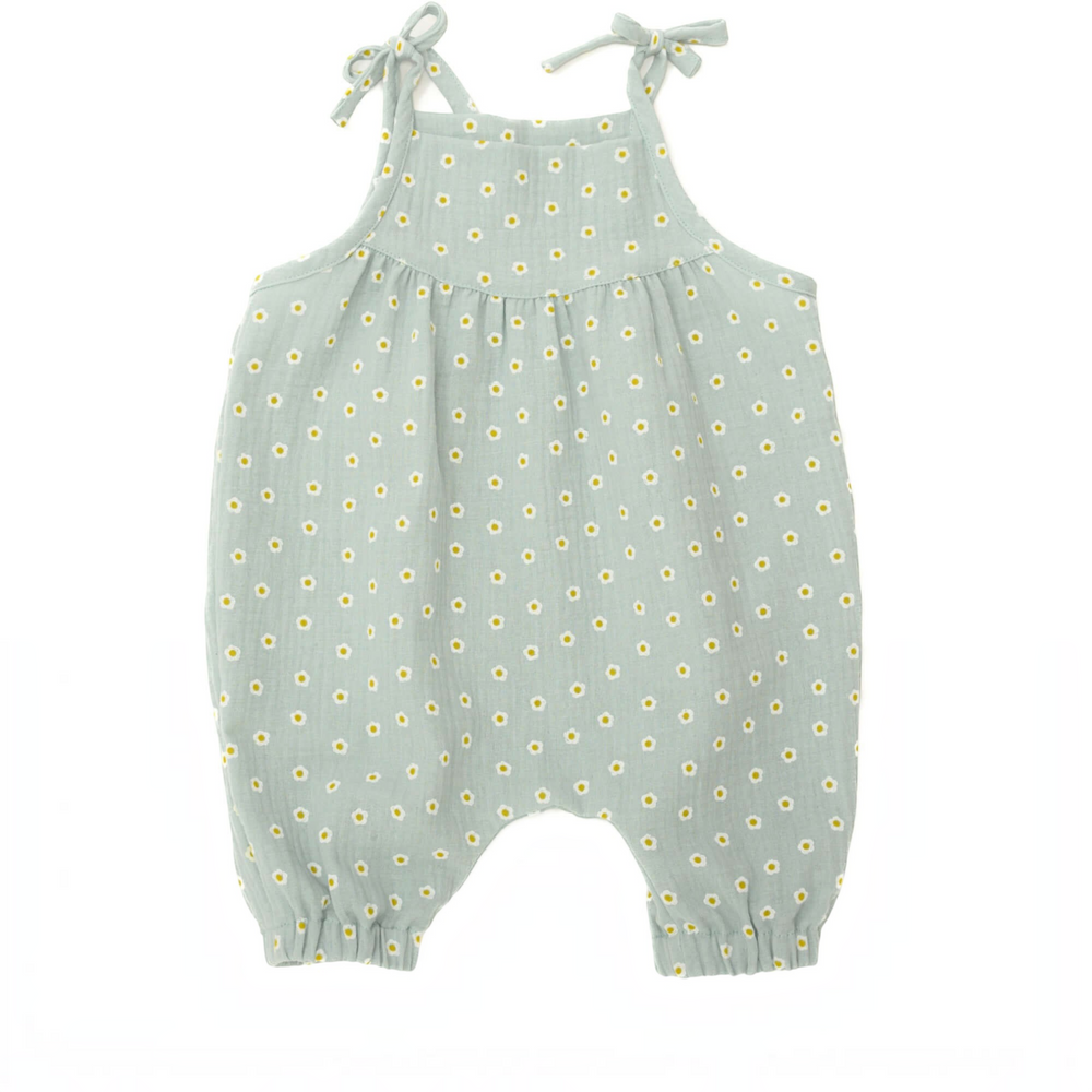 Patternforkids Baby Mädchen Jumpsuit NELE aus hellgrünem Musselin mit Gänseblümchen-Muster und Schleifenträgern