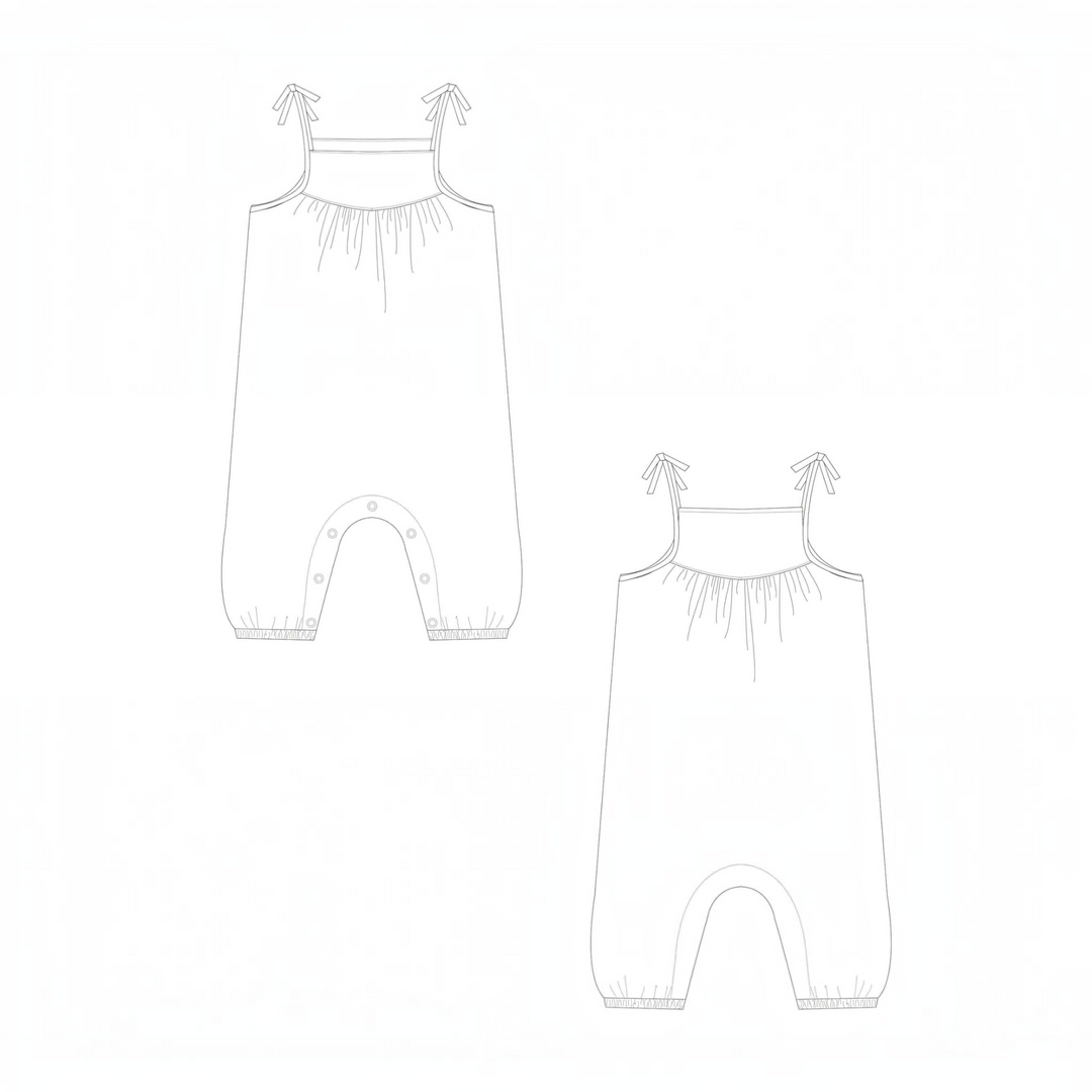 Patternforkids Schnittmuster Nele Baby Jumpsuit mit Trägern und Schleifen als technische Zeichnung