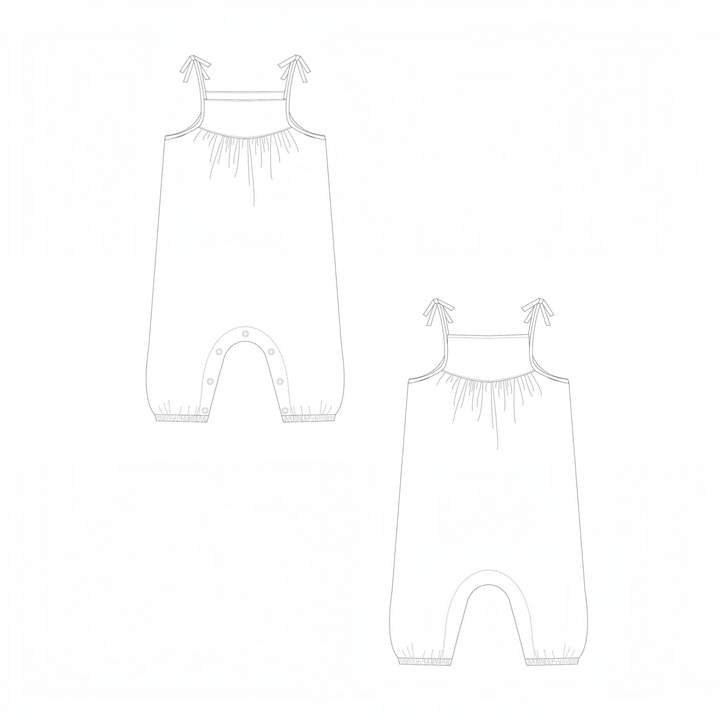 Patternforkids Schnittmuster Nele Baby Jumpsuit mit Trägern und Schleifen als technische Zeichnung