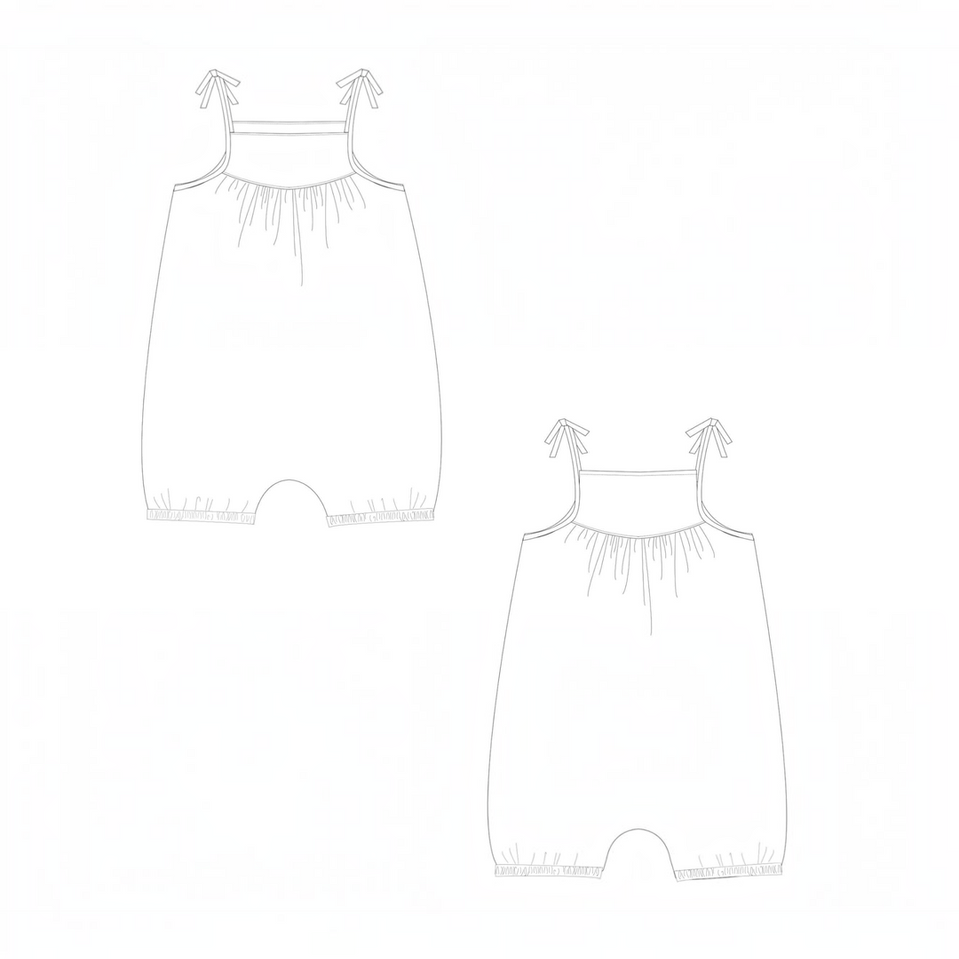 Patternforkids Schnittmuster Nele Baby Jumpsuit mit Trägern und Schleifen als technische Skizze