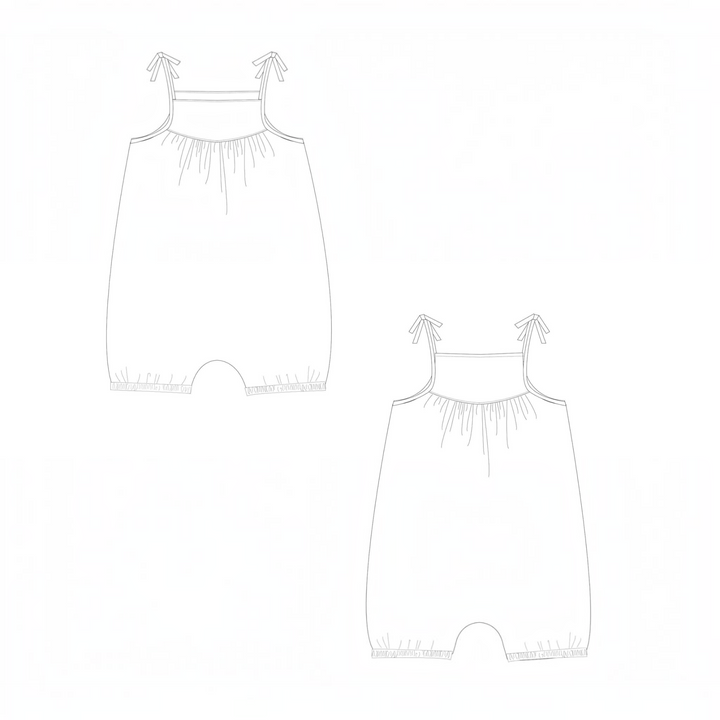 Patternforkids Schnittmuster Nele Baby Jumpsuit mit Trägern und Schleifen als technische Skizze