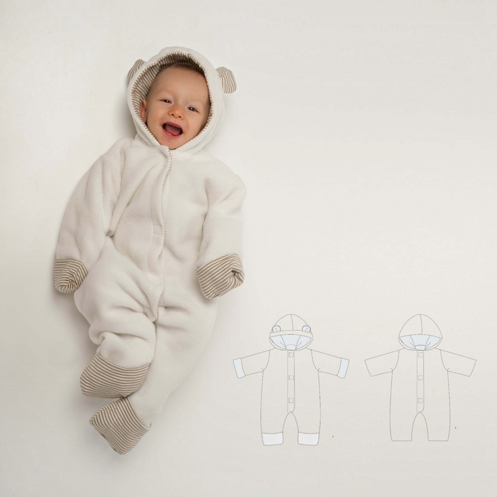 Patternforkids Schnittmuster CASSIA Baby-Kapuzenstrampler aus weichem Fleece mit gestreiften Umschlägen und Kapuze