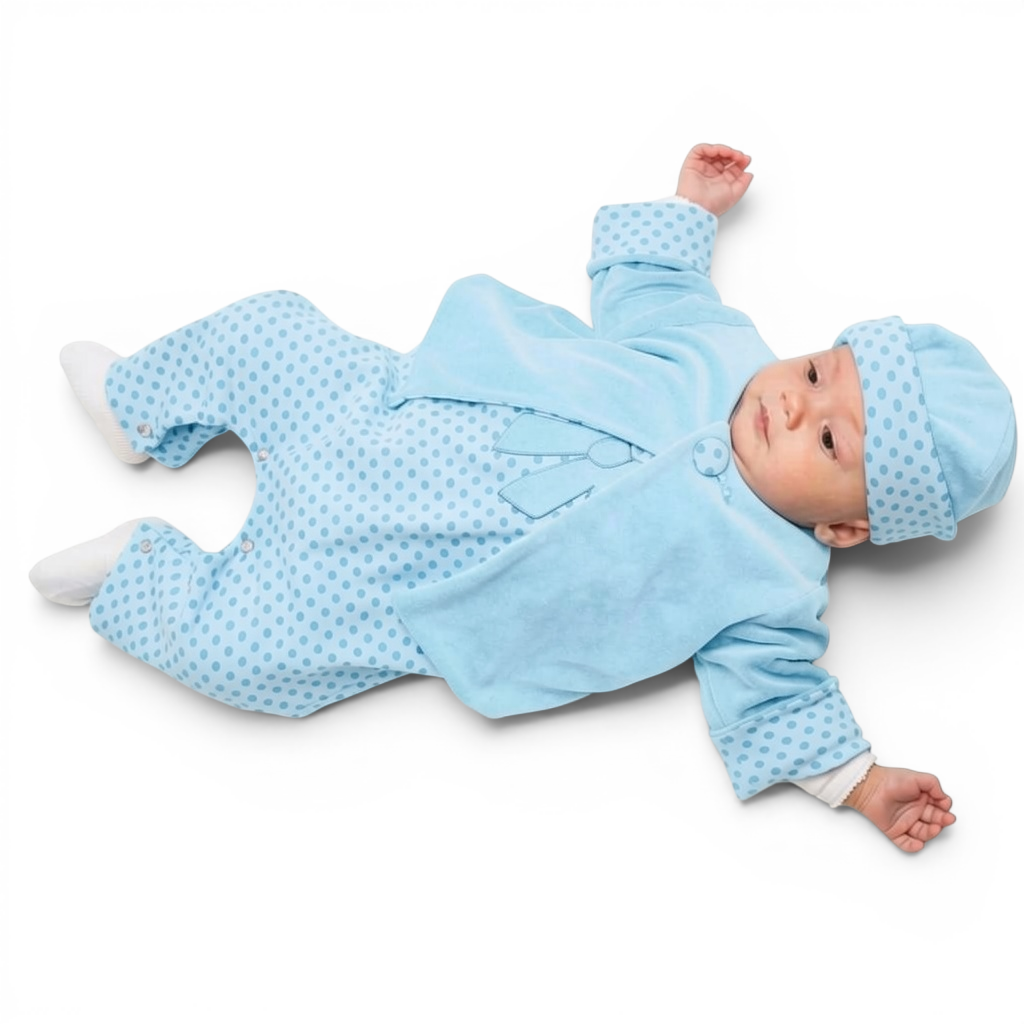 Patternforkids Baby-Set aus Overall, Wendejacke und Mütze in Hellblau mit Punkten, getragen von einem Baby