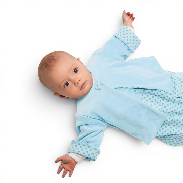 Patternforkids Baby-Set aus hellblauem Stoff mit Punkten bestehend aus Overall und Wendejacke für Babys